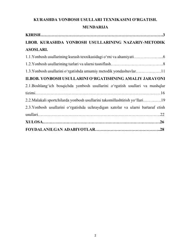 KURASHDA YONBOSH USULLARI TEXNIKASINI O'RGATISH.