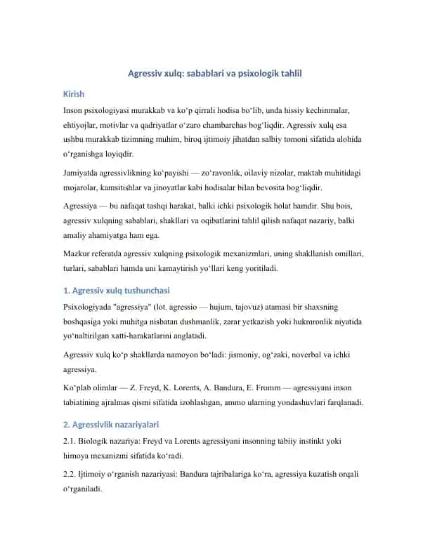 Agressiv xulq: sabablari va psixologik tahlil