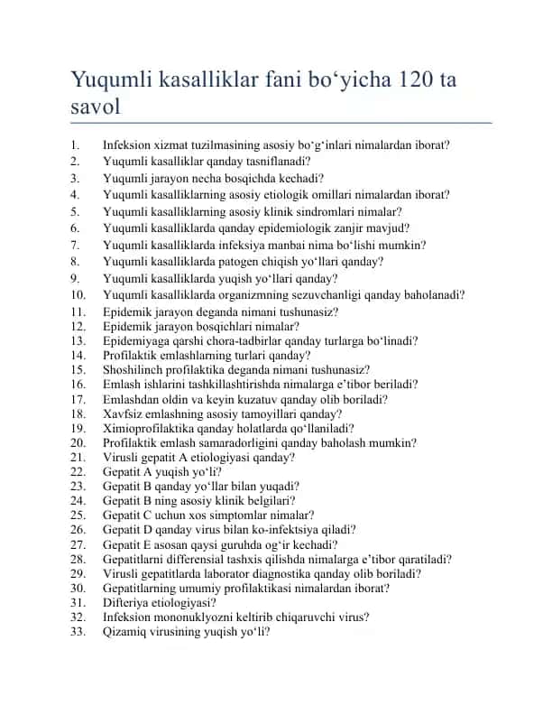Yuqumli kasalliklar fani bo‘yicha 120 ta savol