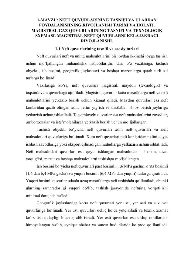 Neft quvurlarining tasnifi va ulardan foydalanish
