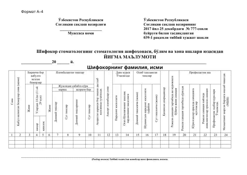 Ўзбекистон Республикаси Соғлиқни сақлаш вазирлиги буйруғининг 039-1 рақамли тиббий хужжат шакли