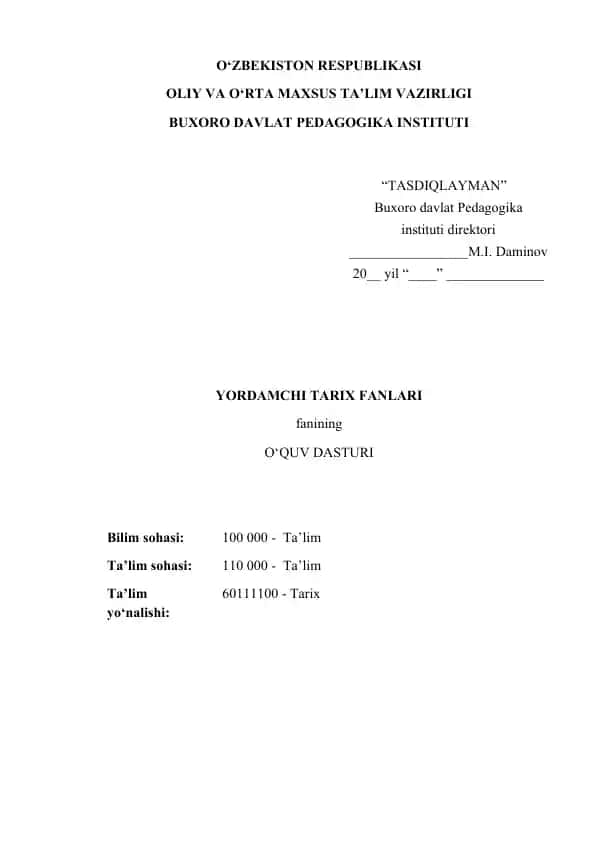 Yordamchi Tarix Fanlari o‘quv dasturi
