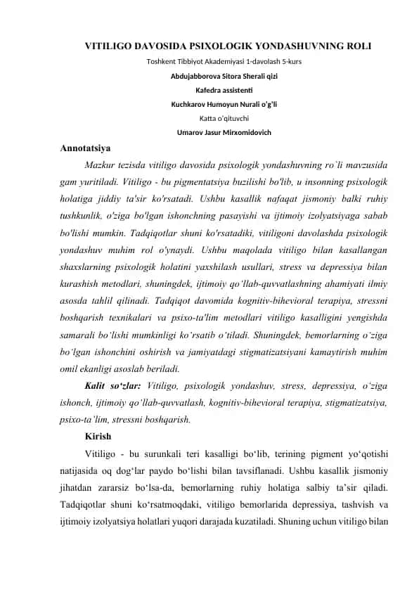 VITILIGO DAVOSIDA PSIXOLOGIK YONDASHUVNING ROLI
