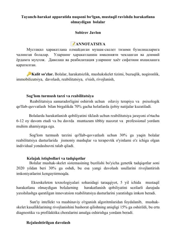 Sog'lom turmush tarzi va reabilitatsiya