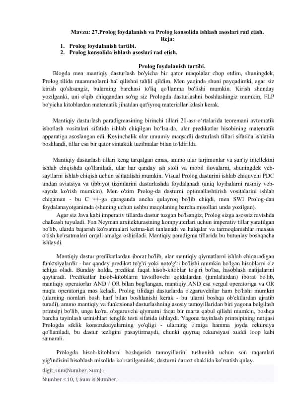 Prolog foydalanish va Prolog konsolida ishlash asoslari rad etish
