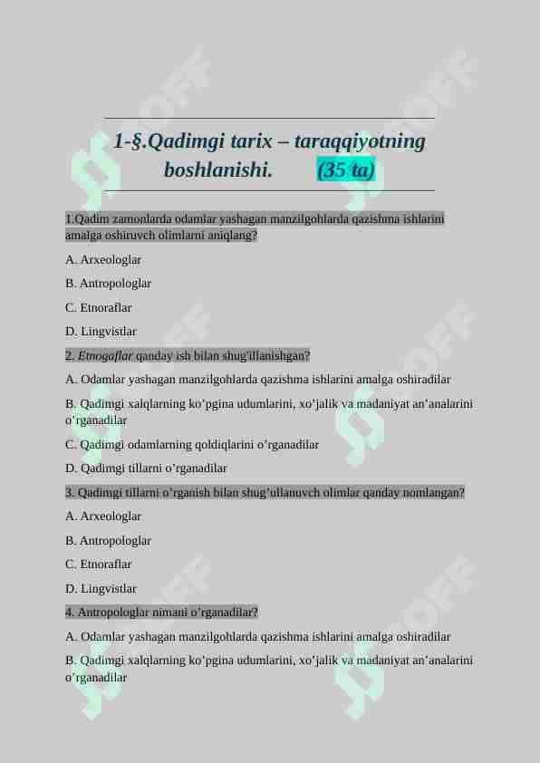 6-sinf tarix fanidan test javoblari bilan.