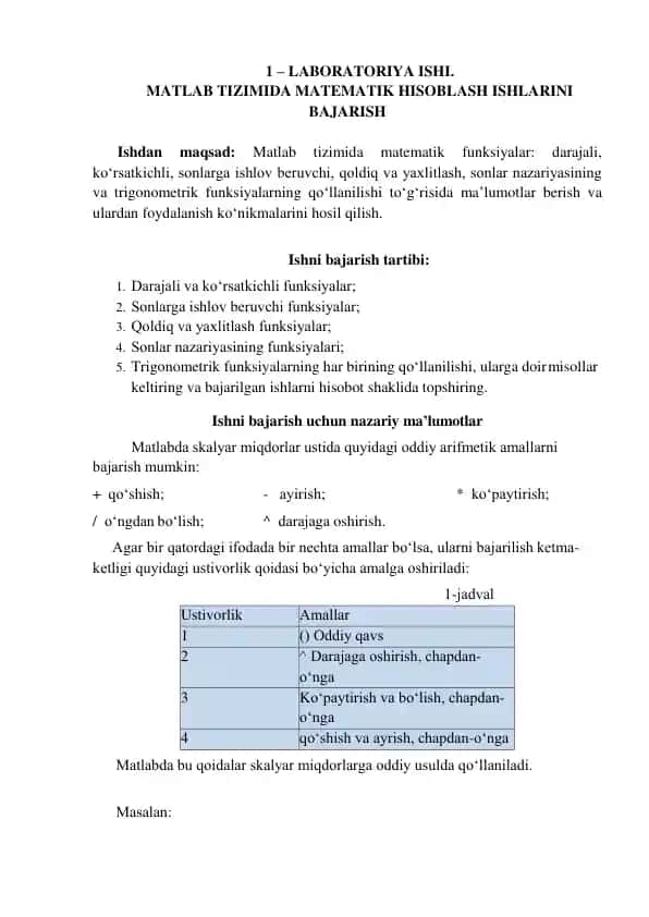 MATLAB tizimida matematik hisoblash ishlari bajarish