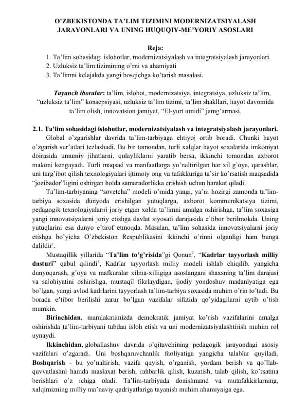 O‘zbekiston Ta’lim Tizimini Modernizatsiyalash Jarayonlari va Huquqiy-Me’yoriy Asoslari