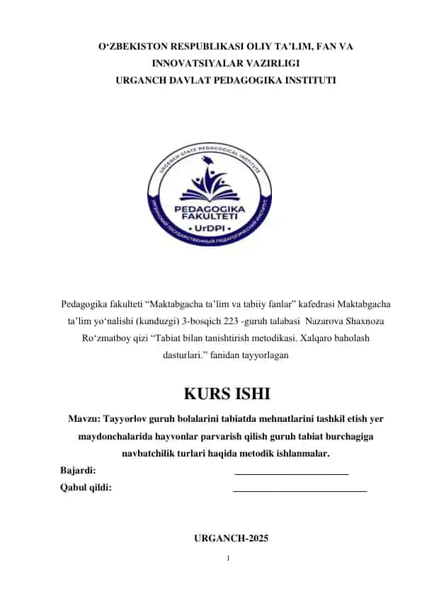 Tayyorlov guruh bolalarini tabiatda mehnatlarini tashkil etish yer maydonchalarida hayvonlar parvarish qilish guruh tabiat burchagiga navbatchilik turlari haqida metodik ishlanmalar.