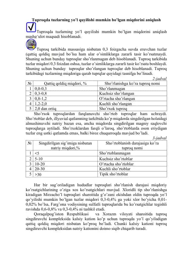 Tuproqda tuzlarning yo’l quyilishi mumkin bo’lgan miqdorini aniqlash