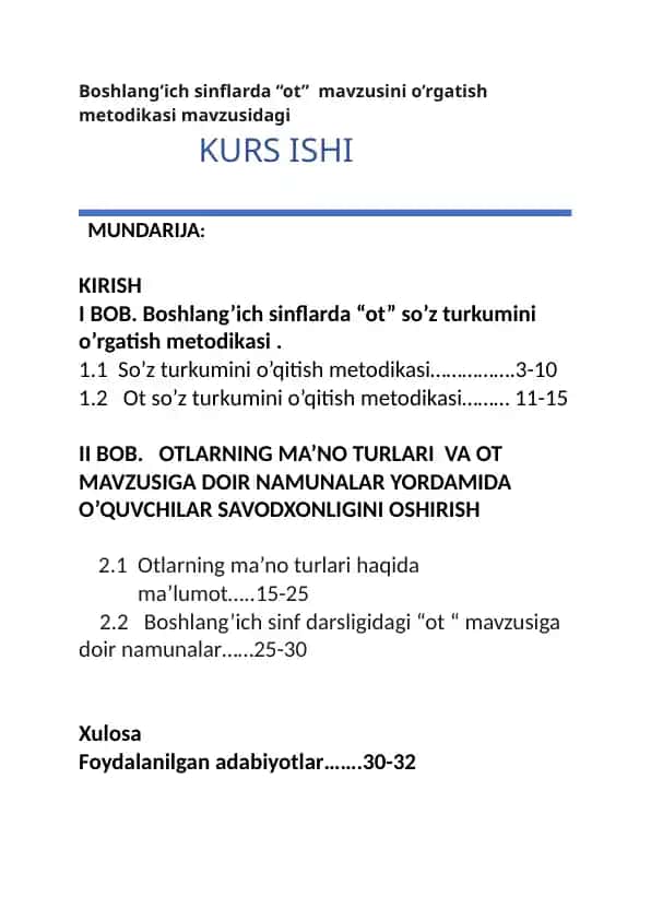 Boshlang’ich sinflarda “ot” mavzusini o’rgatish metodikasi bo‘yicha kurs ishi