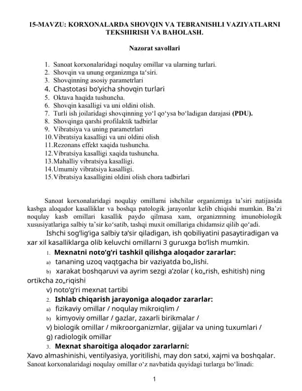 Shovqin va tebranishli vaziyatlarni tekshirish va baholash