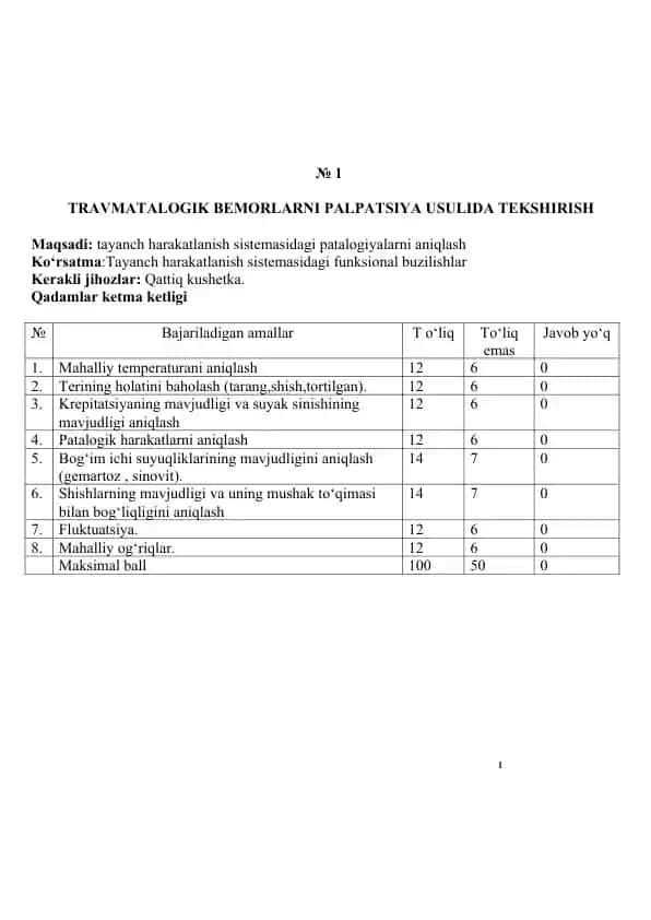 Ortopedik kasalliklari bor bemorlarni tekshirish