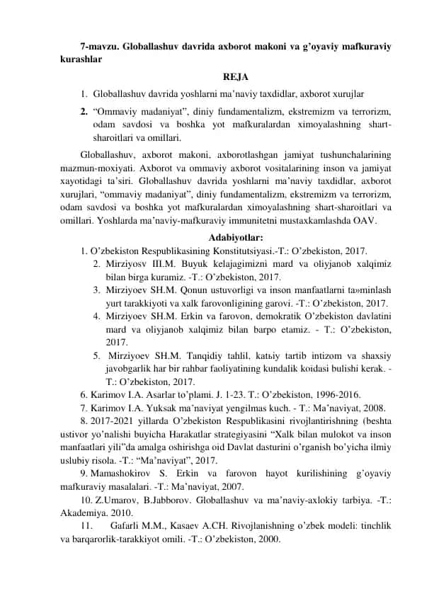 Globallashuv davrida axborot makoni va g’oyaviy mafkuraviy kurashlar