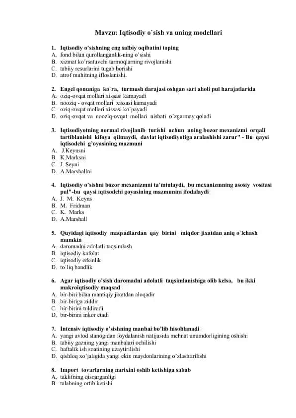 Iqtisodiy o’sish va uning modellari