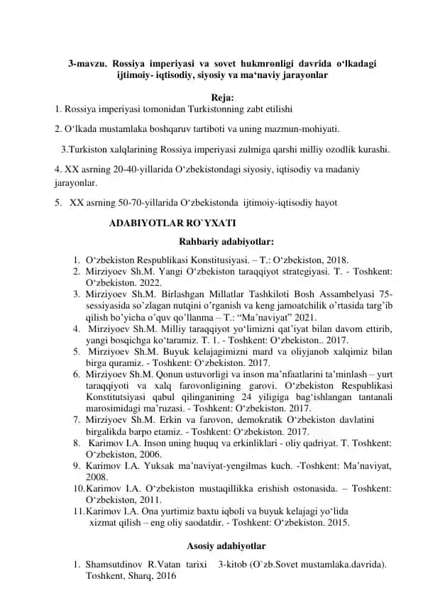 Rossiya imperiyasi va sovet hukmronligi davrida O‘lkadagi Ijtimoiy-Iqtisodiy, Siyosiy va Ma‘naviy Jarayonlar