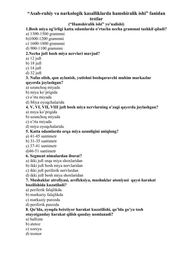 "Asab-ruhiy va narkologik kasalliklarda hamshiralik ishi" fanidan testlar