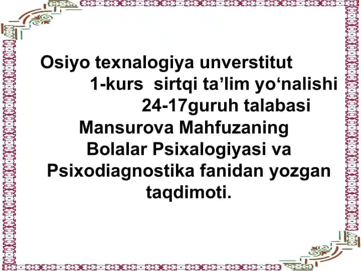 Bolalar Psixalogiyasi va Psixodiagnostika
