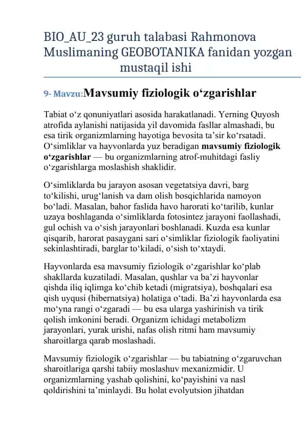Mavsumiy fiziologik o‘zgarishlar