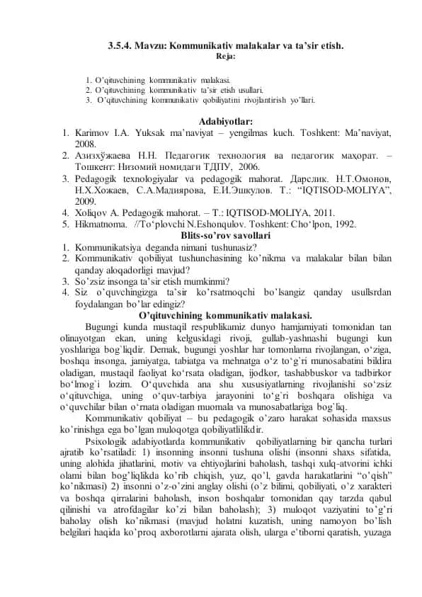 Kommunikativ malakalar va ta’sir etish