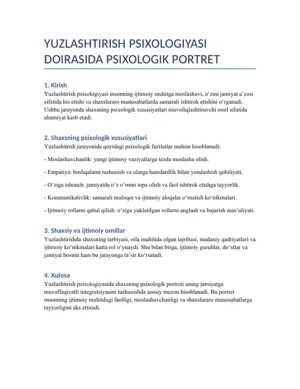 Yuzlashtirish psixologiyasi doirasida psixologik portret