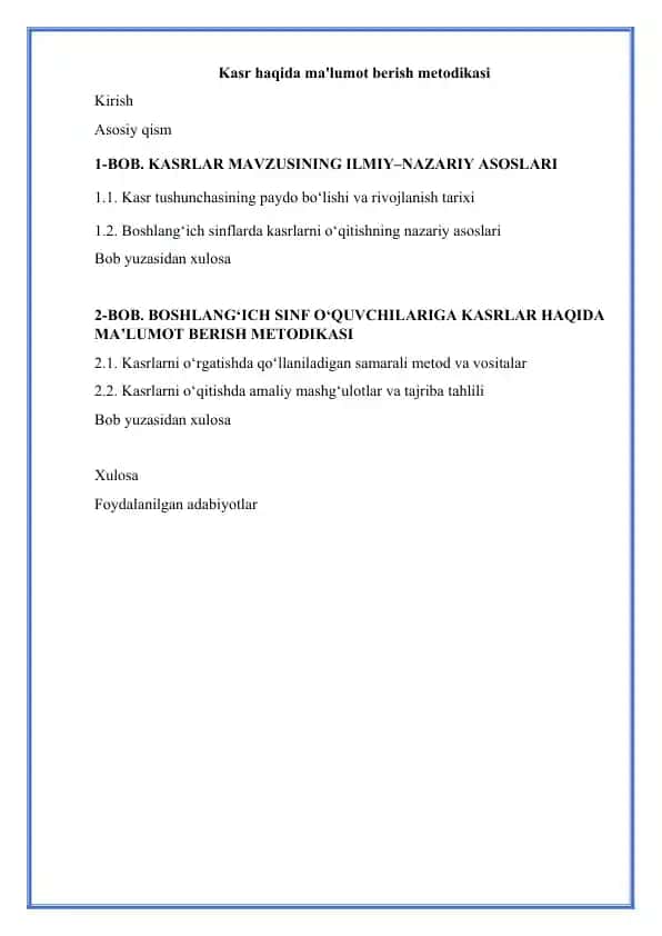 Kasr haqida ma'lumot berish metodikasi