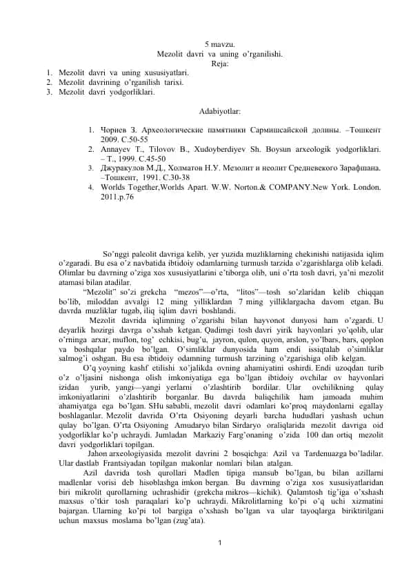 Mezolit davri va uning o'rganilishi