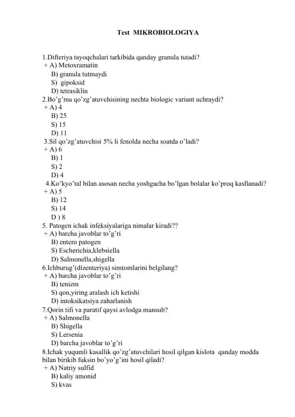 Mikrobiologiya test savollari