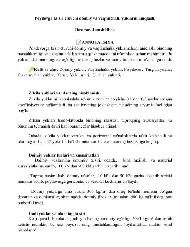Po'ydevorga ta'sir etuvchi doimiy va vaqtinchalik yuklarni aniqlash