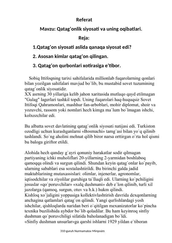 Qatag’onlik siyosati va uning oqibatlari