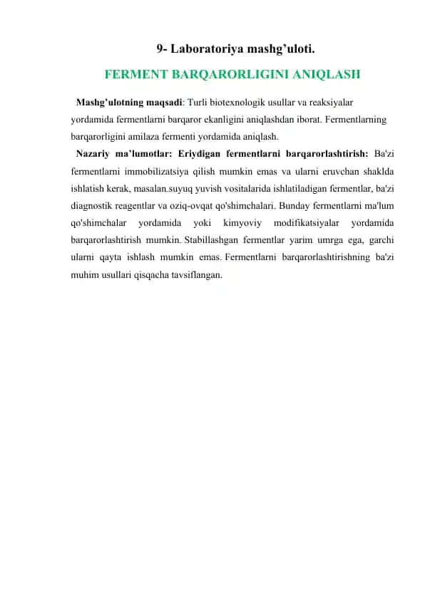 Laboratoriya mashg’uloti. FERMENT BARQARORLIGINI ANIQLASH