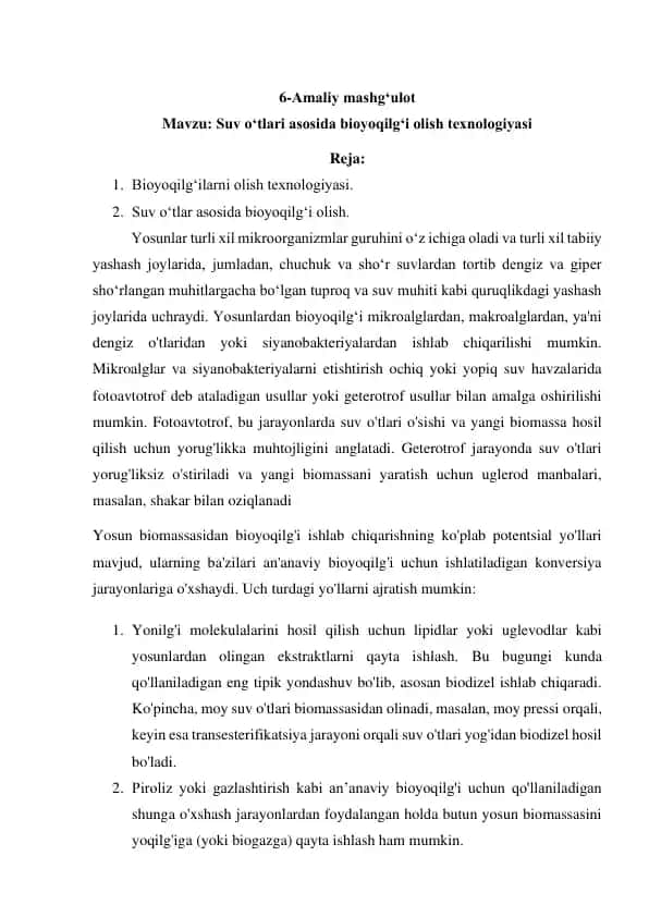 Bioyoqilg‘i olish texnologiyasi