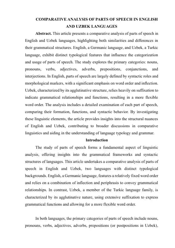 Comparative Analysis of Parts of Speech in English and Uzbek Languages