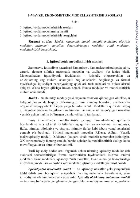 Ekonomik Modellashtirish Asoslari