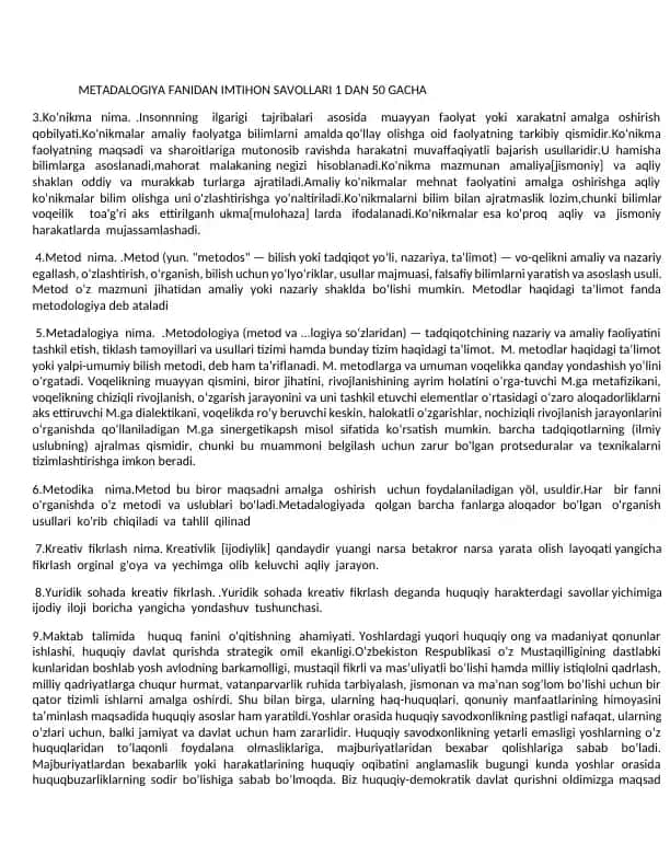 Metadalogiya fanidan imtihon savollari