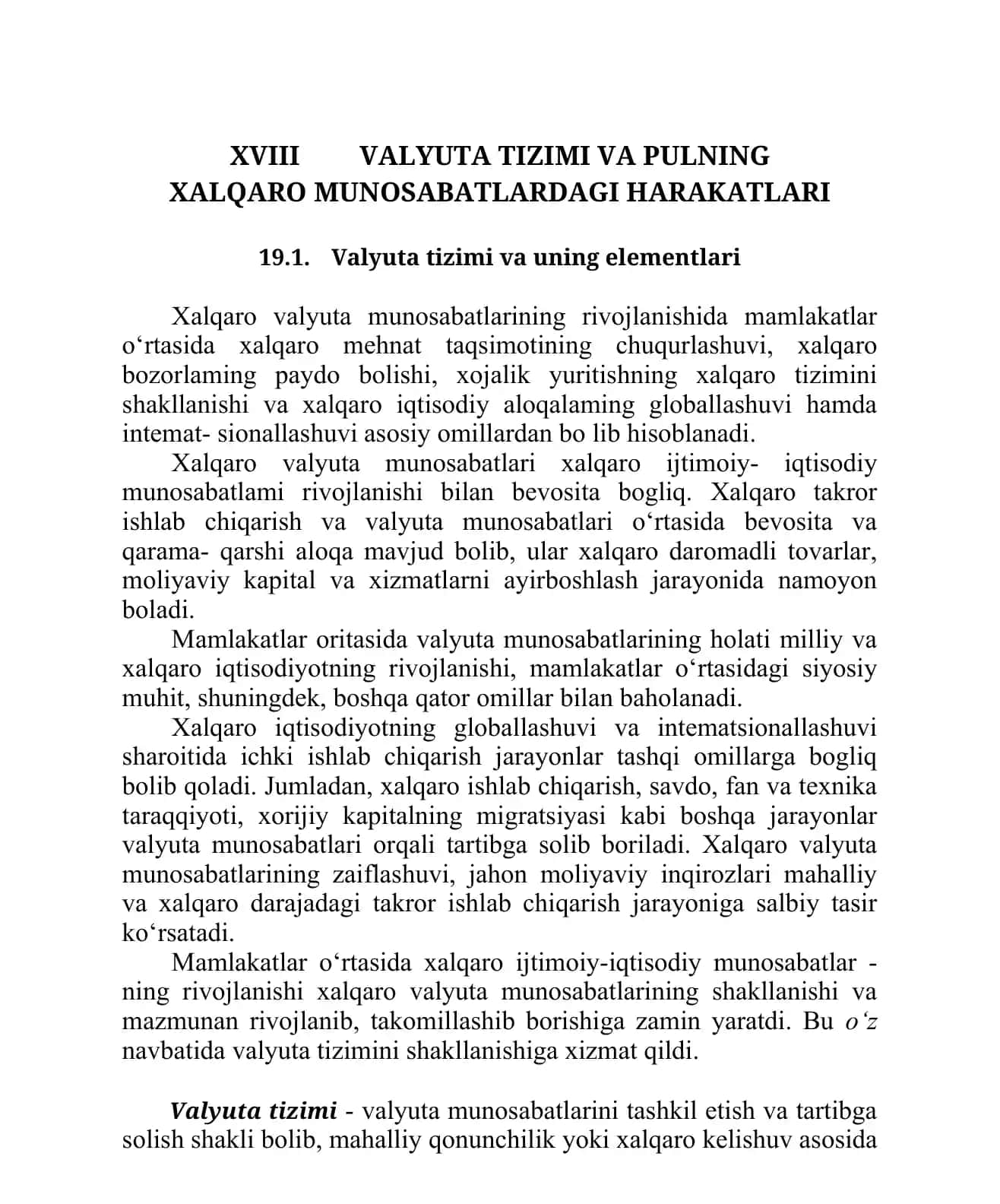 Valyuta tizimi va pulning xalqaro munosabatlardagi harakatlari