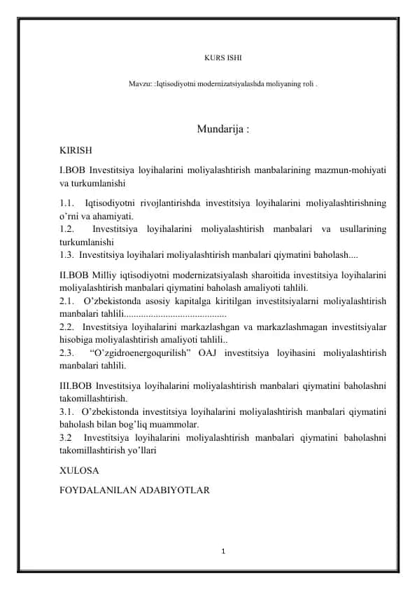 Iqtisodiyotni modernizatsiyalashda moliyaning roli