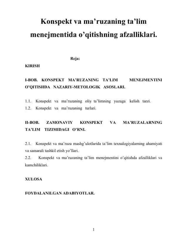 Konspekt va ma’ruzaning ta’lim menejmenti
