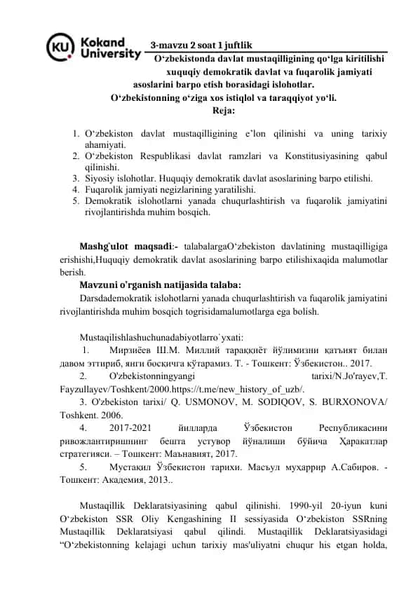 O‘zbekiston Davlat Mustaqilligi va Fuqarolik Jamiyati