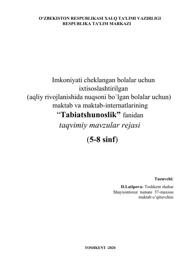 Maktab va maktab-internatlarining “Tabiatshunoslik” fanidan taqvimiy mavzular rejasi