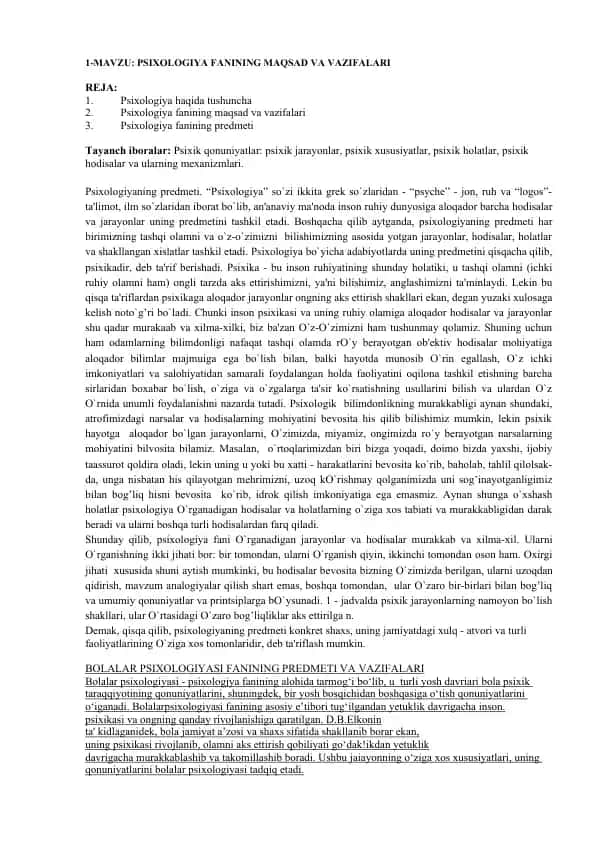 Psixologiya fanining maqsad va vazifalari