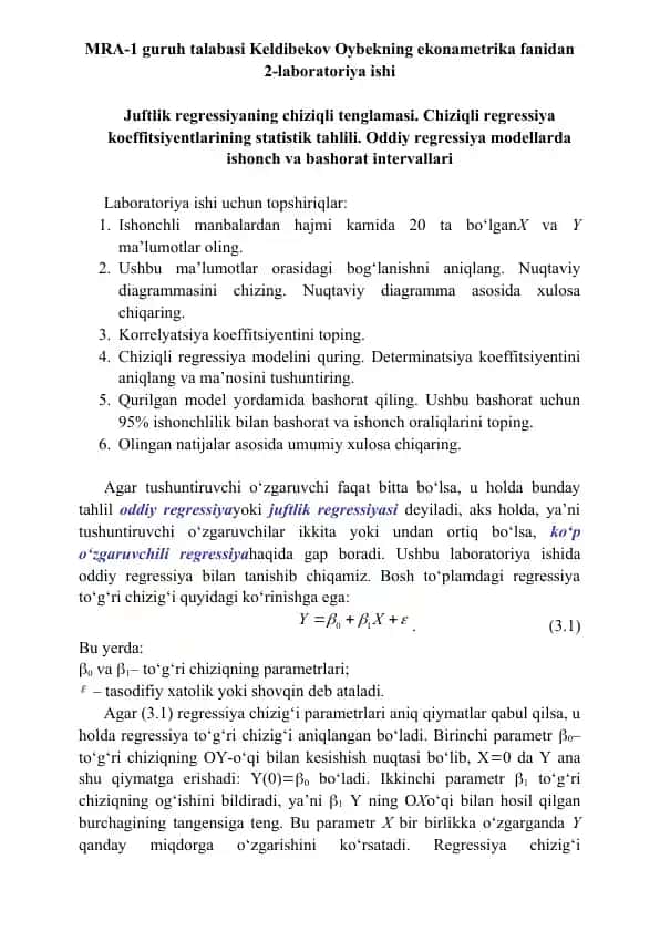 Ekonomika fanidan Chiziqli regressiya va statistik tahlil