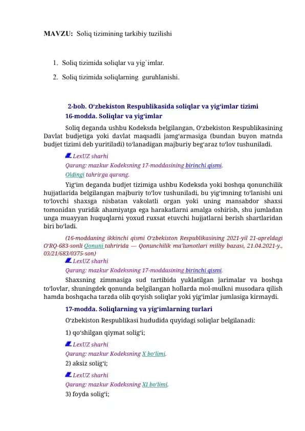 Soliq tizimining tarkibiy tuzilishi