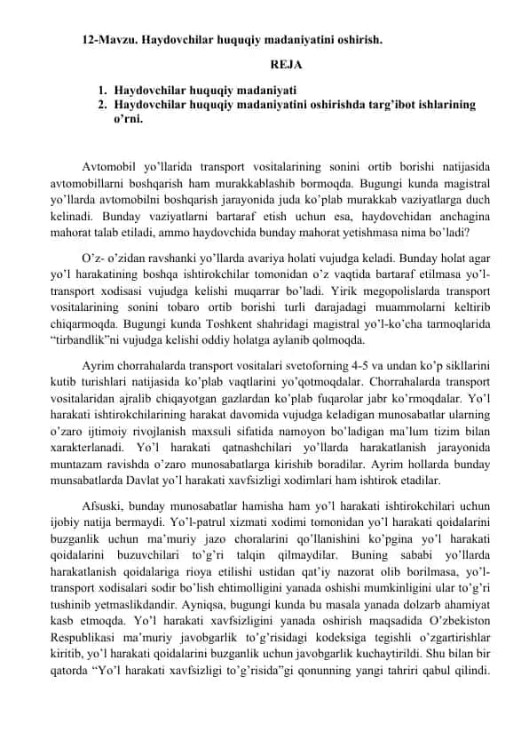 Haydovchilar huquqiy madaniyatini oshirish