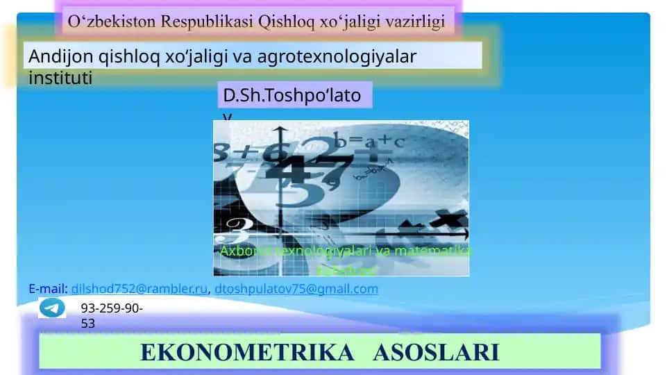 EKONOMETRIKA ASOSLARI: Juft korrelyasion–regression tahlil