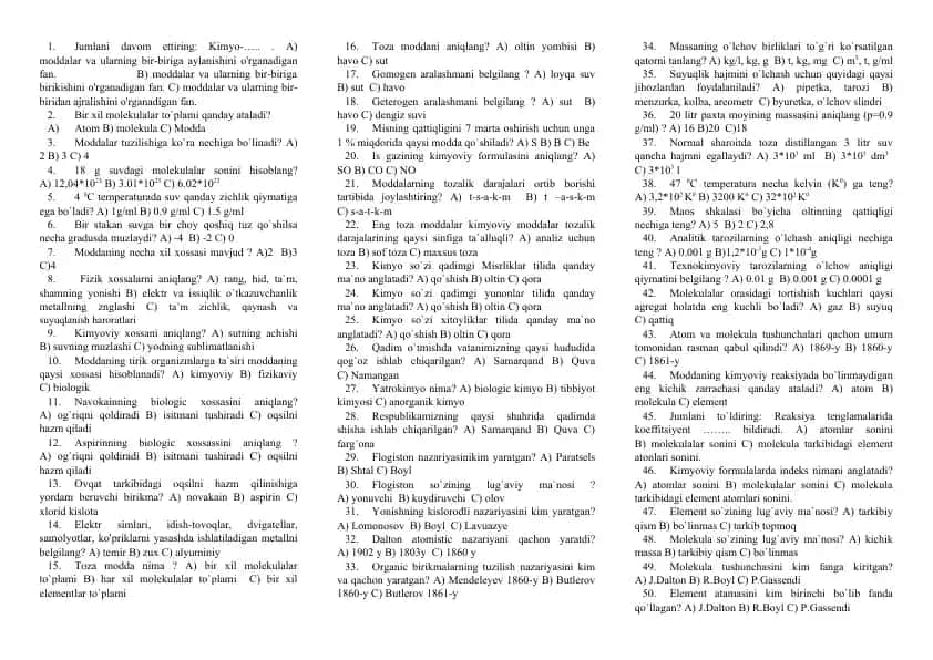 Moddalar kimyosi test savollari