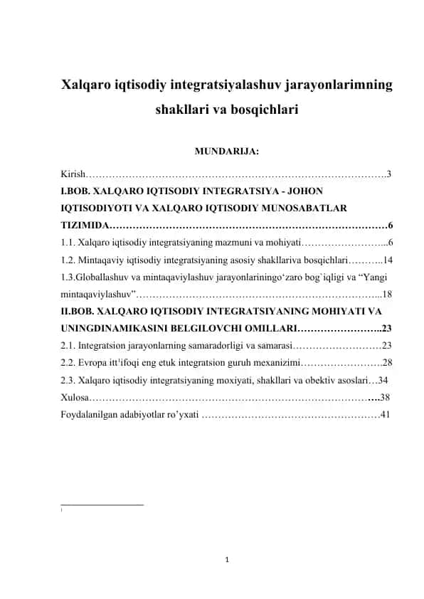 Xalqaro iqtisodiy integratsiyalashuv jarayonlarimning shakllari va bosqichlari