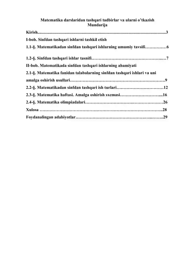 Matematika darslaridan tashqari tadbirlar va ularni o’tkazish