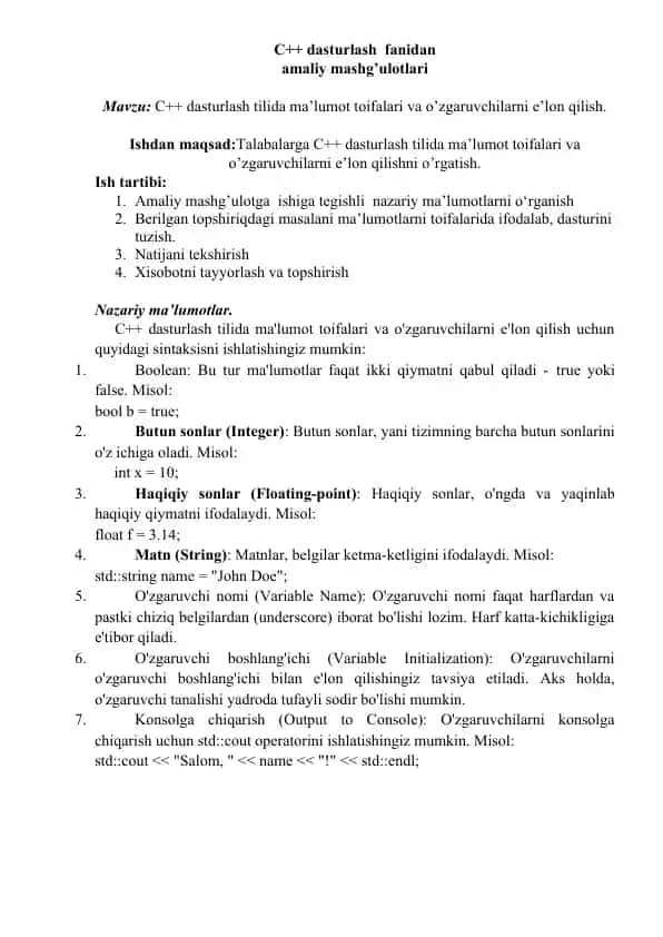 C++ dasturlash fanidan amaliy mashg’ulotlari