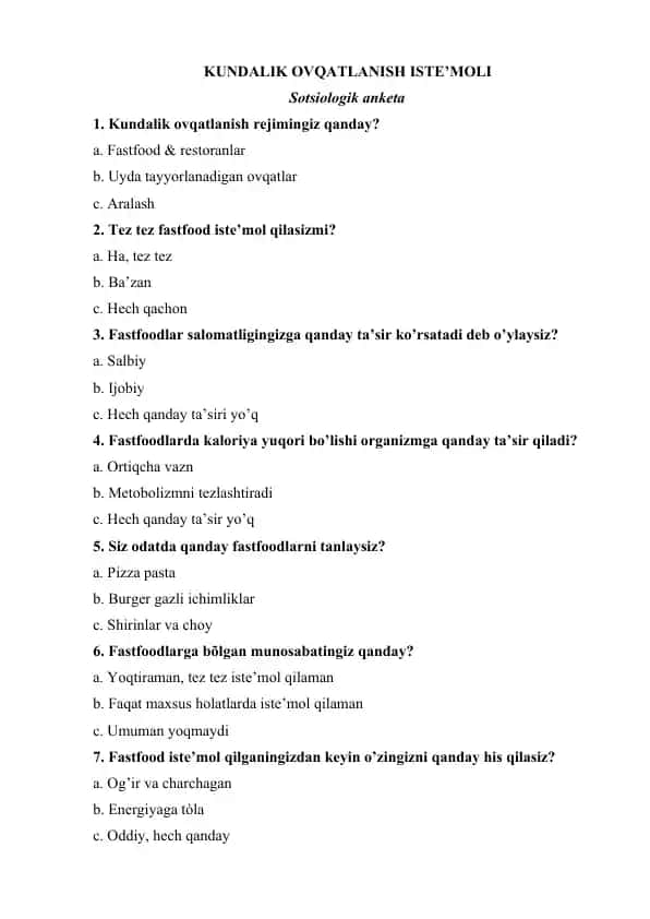 Kundalik ovqatlanish iste’moli bo‘yicha sotsiologik so‘rovnoma natijalari